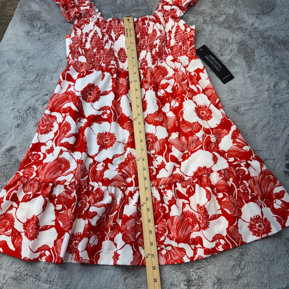 Adrianna Papell Red White Floral Smocked Ruffle Sun Dress Womens Size 6 NEW - Picture 11 of 16
